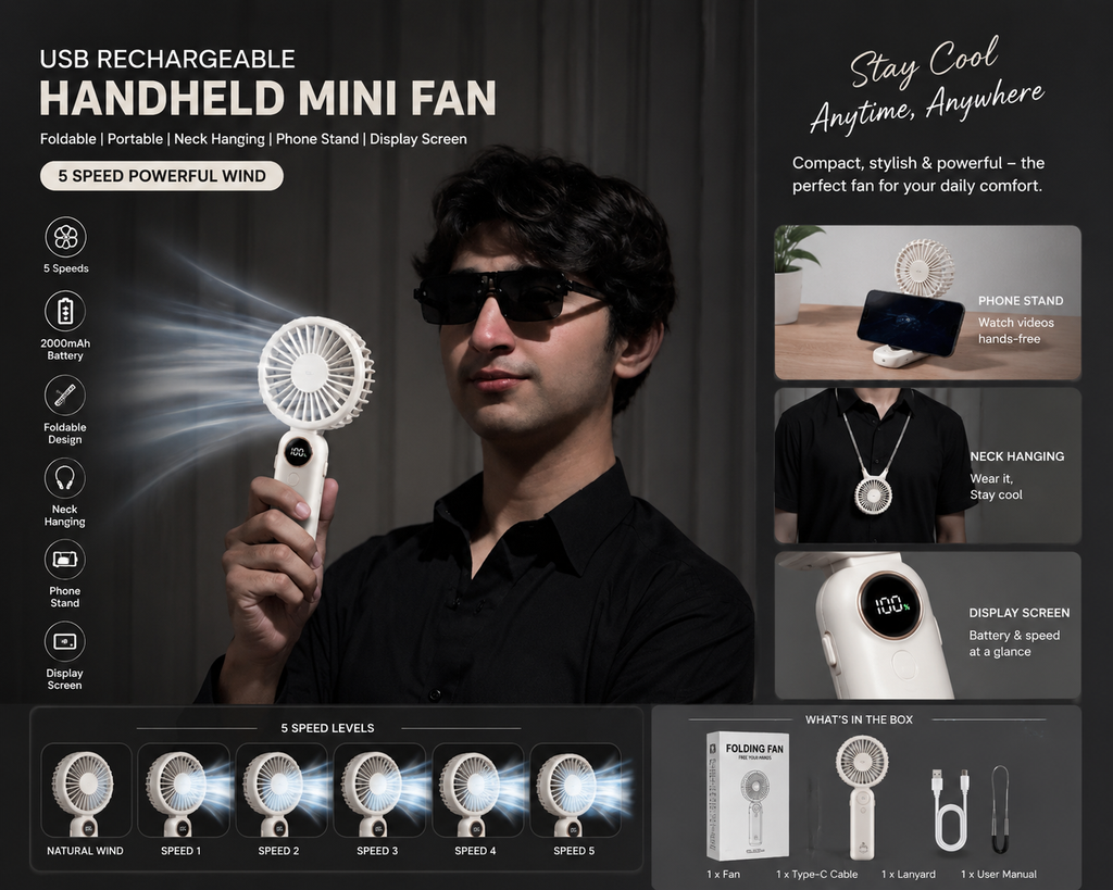 USB Handheld Mini Fan Foldable Portable Neck Hanging Fans 5 Speed Rechargeable Fan with Phone Stand and Display Screen