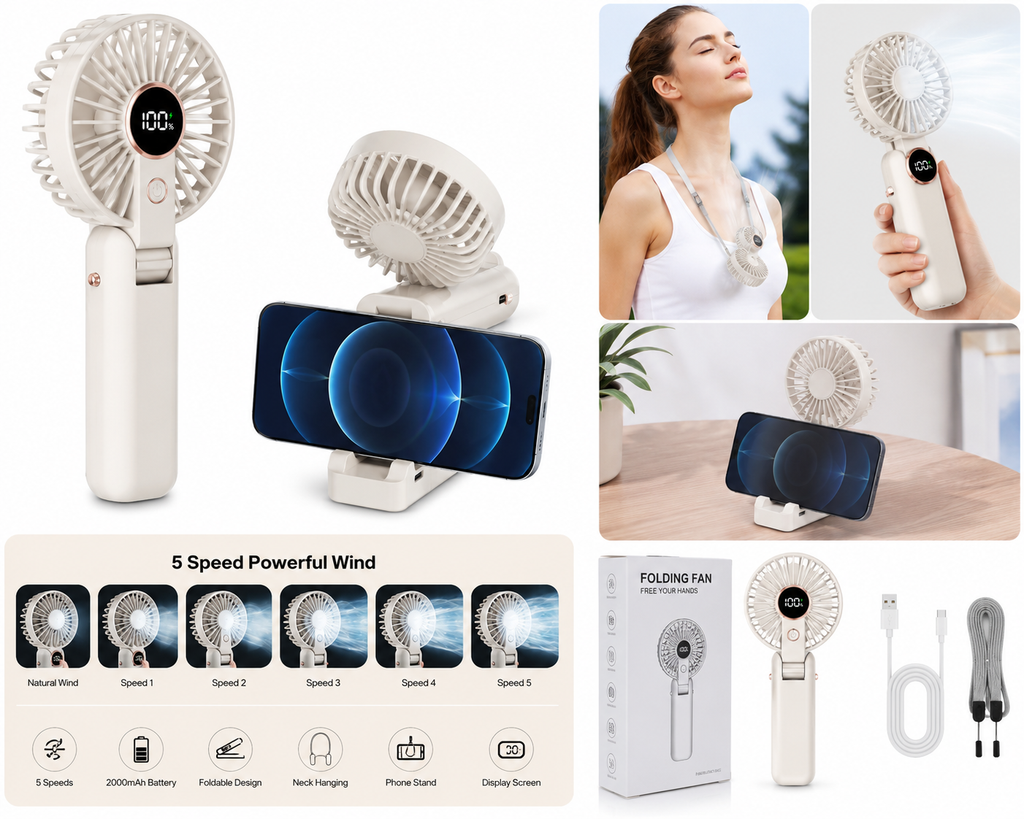 USB Handheld Mini Fan Foldable Portable Neck Hanging Fans 5 Speed Rechargeable Fan with Phone Stand and Display Screen