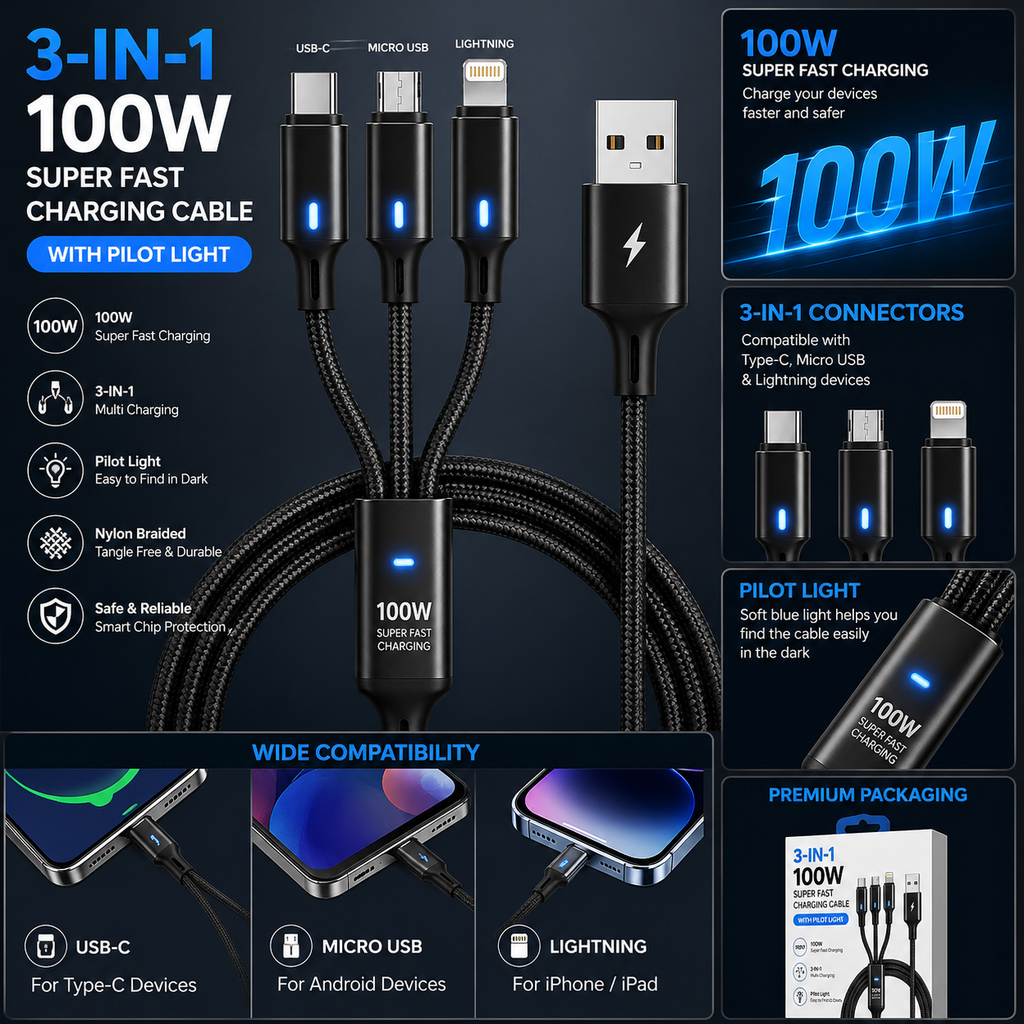 3 In 1 100W Transparent Pilot Lamp Super Fast Charging Cable Universal with Type C Usb Micro for Iphone Samsung Huawei Xiaomi 6A AND OTHER MOBILE