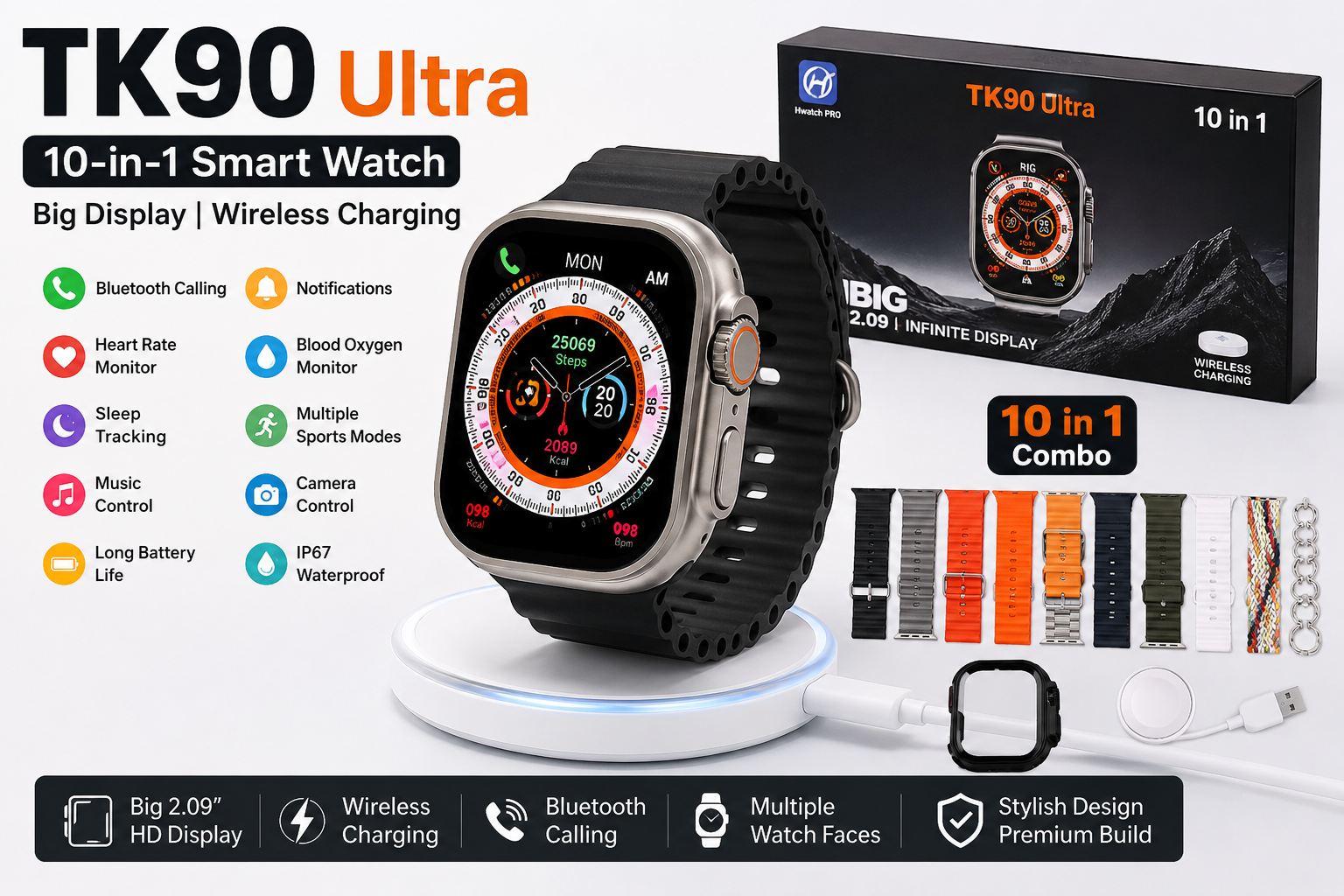 ⌚ TK90 Ultra 10-in-1 Smart Watch – Big Display | Wireless Charging | Premium Quality